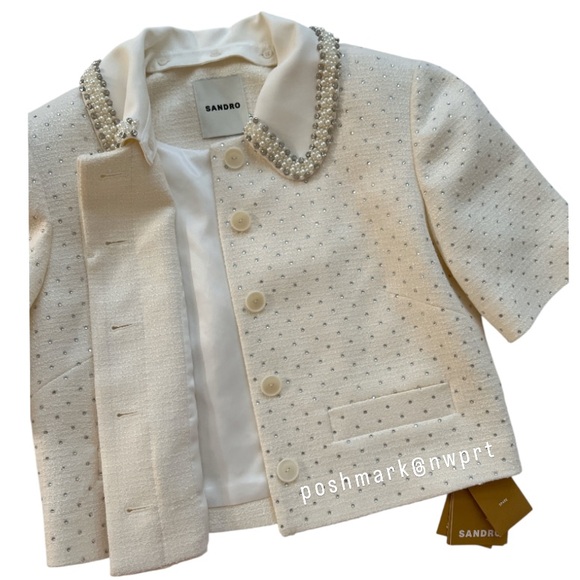 NEW ✨ SANDRO Paris Lahavane Rhinestone Crop Blazer Jacket Blouse Top 34 0 XS - Picture 7 of 13